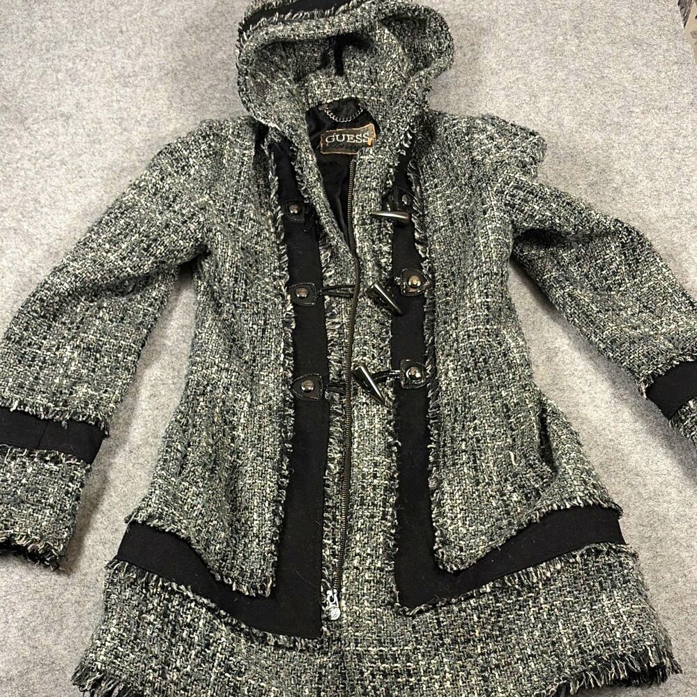 GUESS Hooded tweed Coat Toggle Zip Lined Pockets Gray/Black Women's Size S